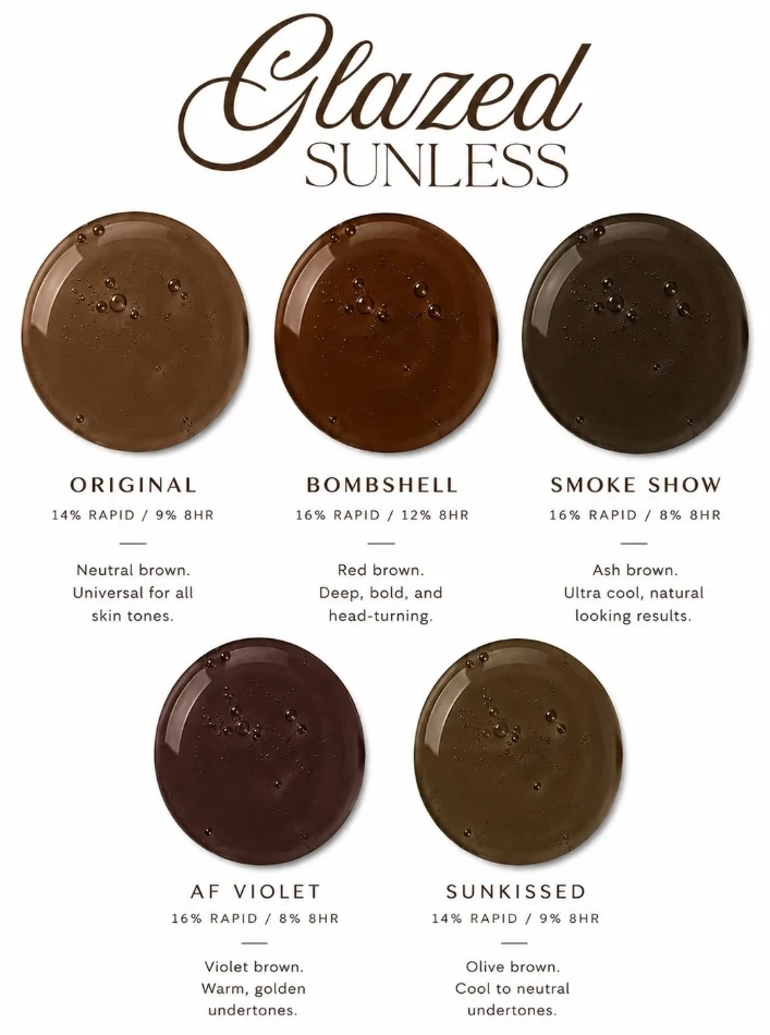 Glazed Sunless shade guide: Original neutral brown, Bombshell red brown, Smoke Show ash brown, AF Violet violet brown and Sunkissed olive brown
