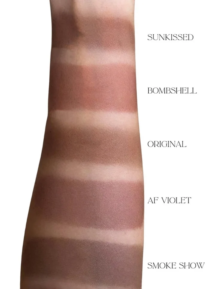 Glazed bronzer swatches shown on skin: Sunkissed, Bombshell, Original, AF Violet, and Smoke Show